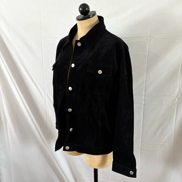 Vintage 90s black suede genuine button up jacket coat casual medium - Picture 2 of 4